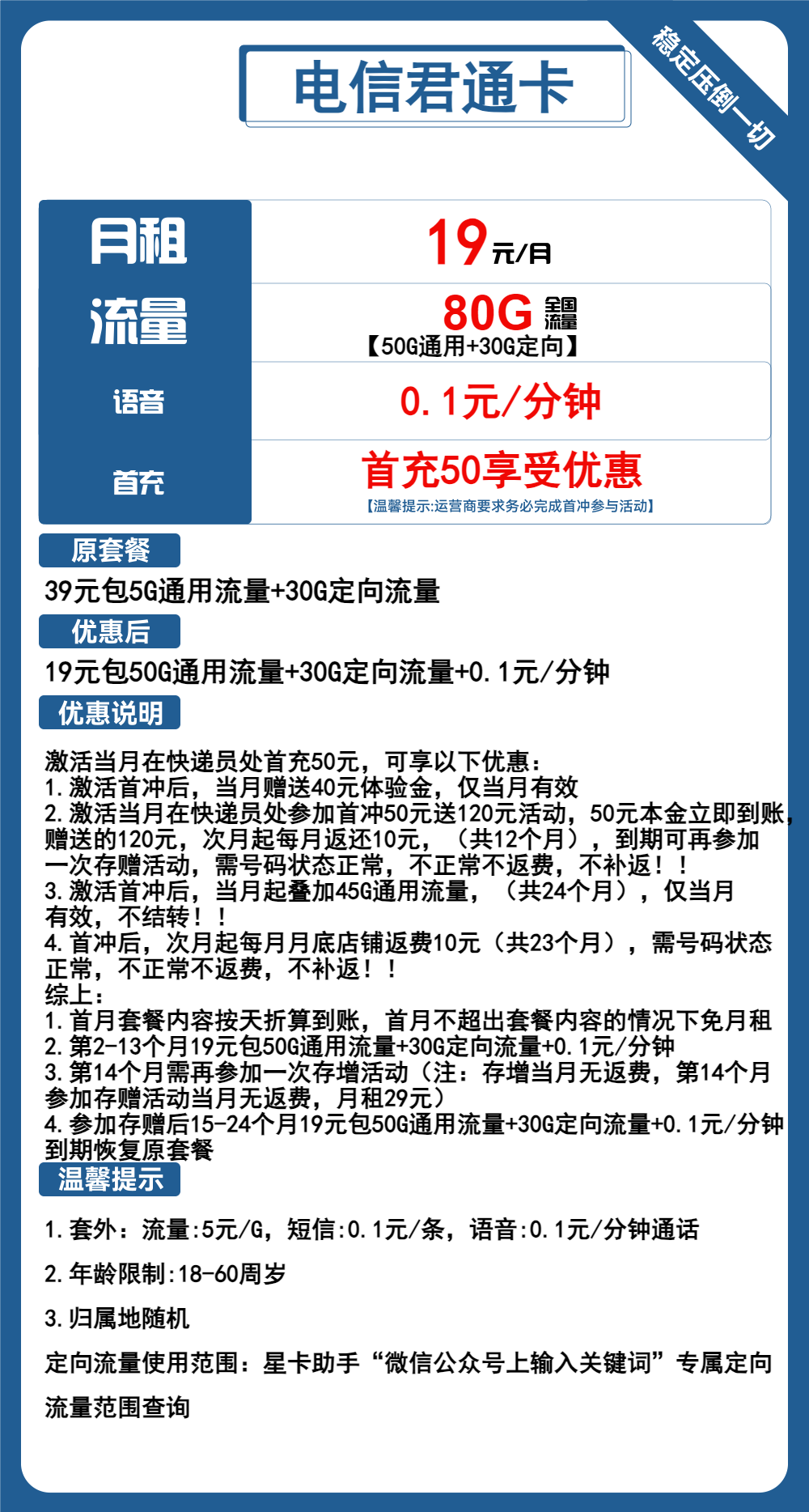 电信君通卡丨君通卡19元包50G通用+30G定向+通话0.1元/分钟  2年19 专属充值