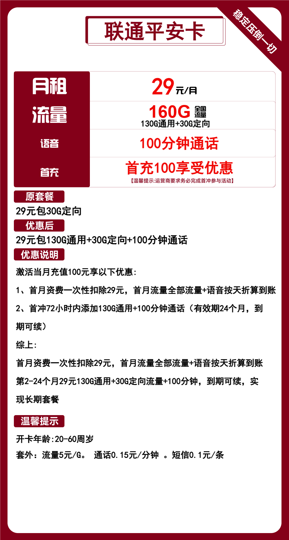 风尚号卡网7月联通神卡推荐-联通平安卡29元包130G通用+30G定向+100分钟通话