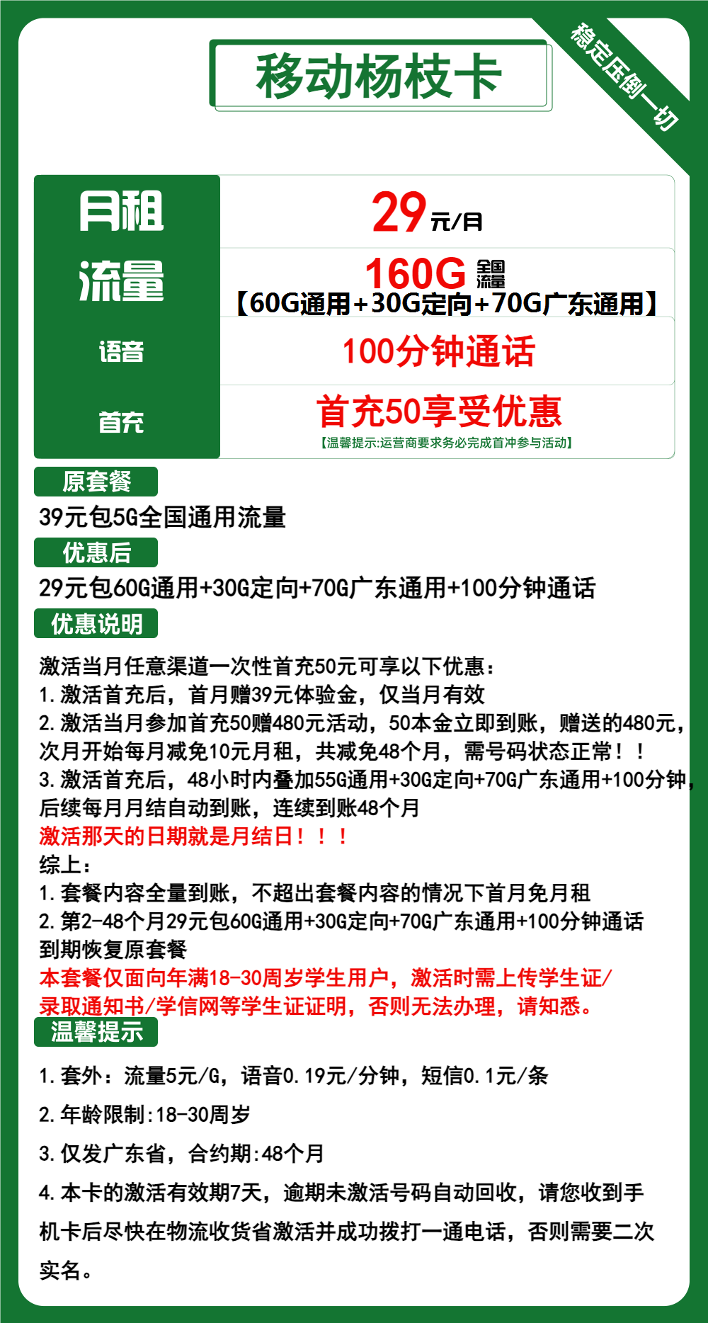 移动杨枝卡丨29元包130G通用+60G定向+100分钟